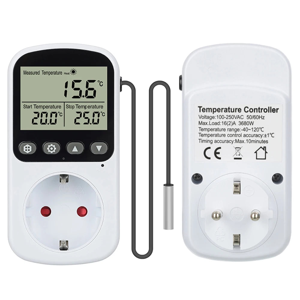 Full View LCD Thermostat Socket 16A 230V Temperature Controller EU Plug Heating Cooling Regulator with Sensor