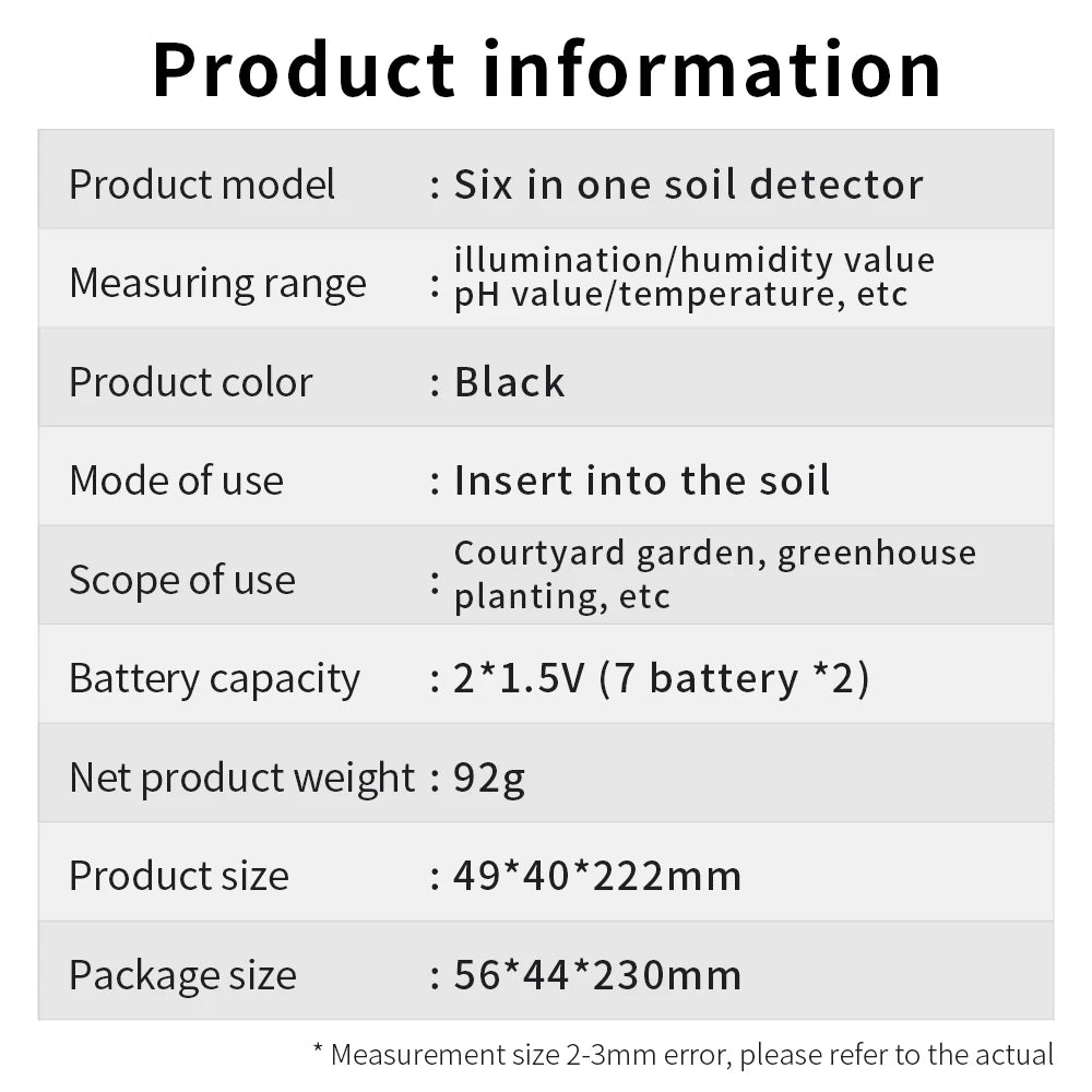 6-in-1 Soil Meter PH Moisture Fertility Temperature Humidity Light Tester for Garden