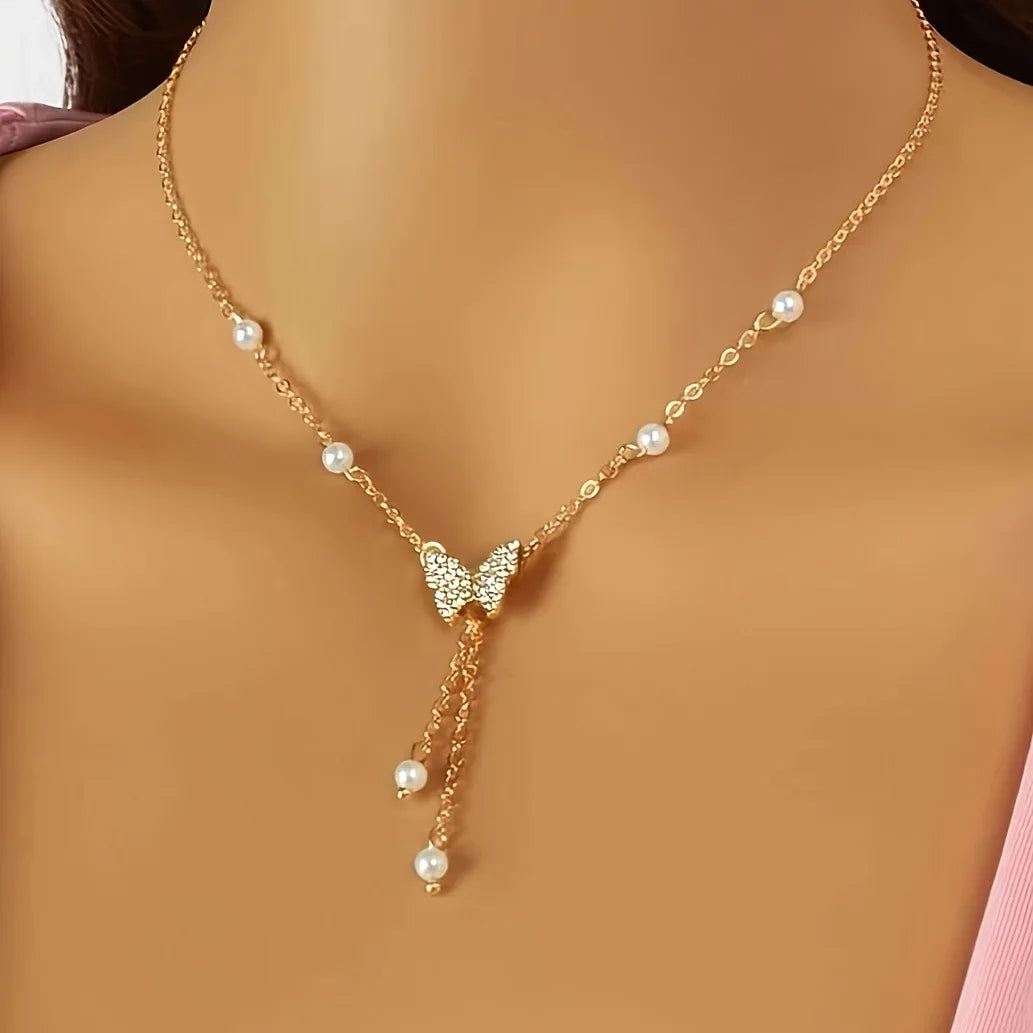 Women Gold Plated Butterfly Tassel Pendant Necklace for Party and Gifts