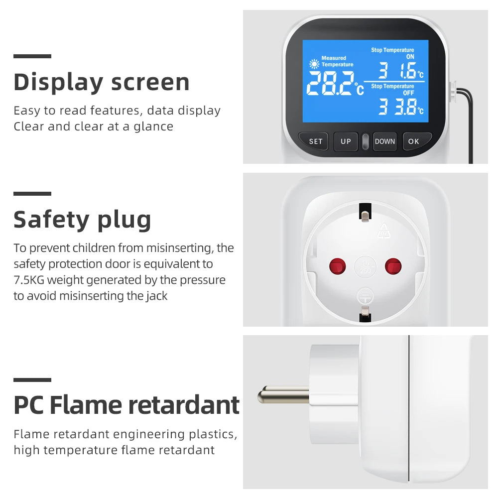220V EU Plug Digital Temperature Controller Socket with LCD Timer Switch and Sensor