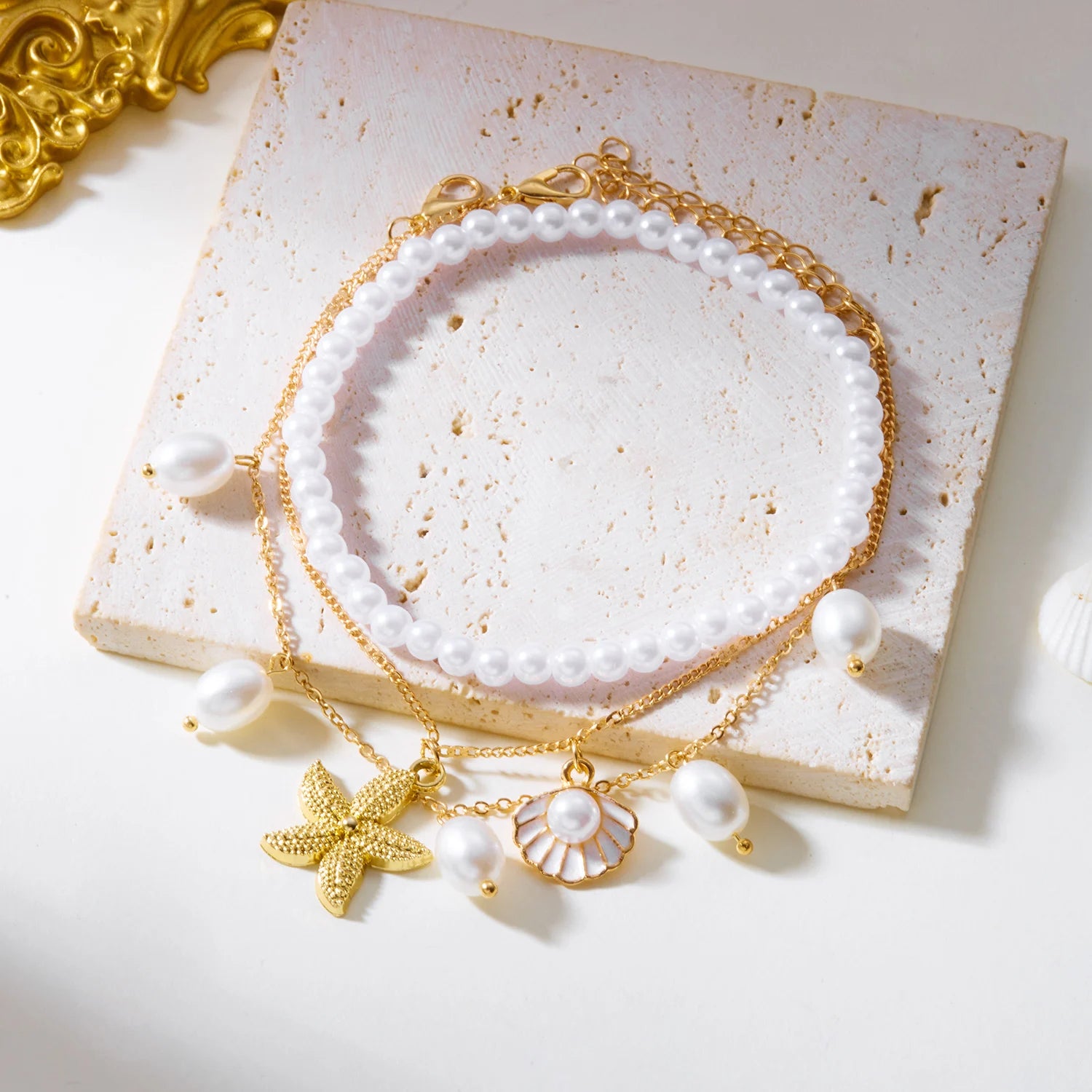 CowLost | vintage-gold-color-starfish-sea-shell-metal-chain-anklet-set-for-women |2