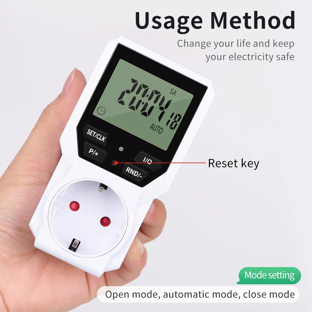 JUANJUAN Digital Programmable Timer Switch EU Plug LCD Display 10-Group Surge Protector 16A 3680W