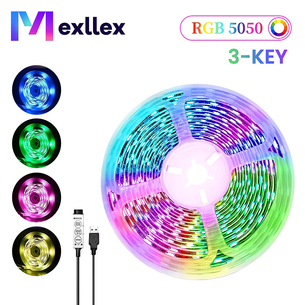 RGB USB LED Strip Lights with 3-Key Controller for TV Backlight, Room, Party, Gifts