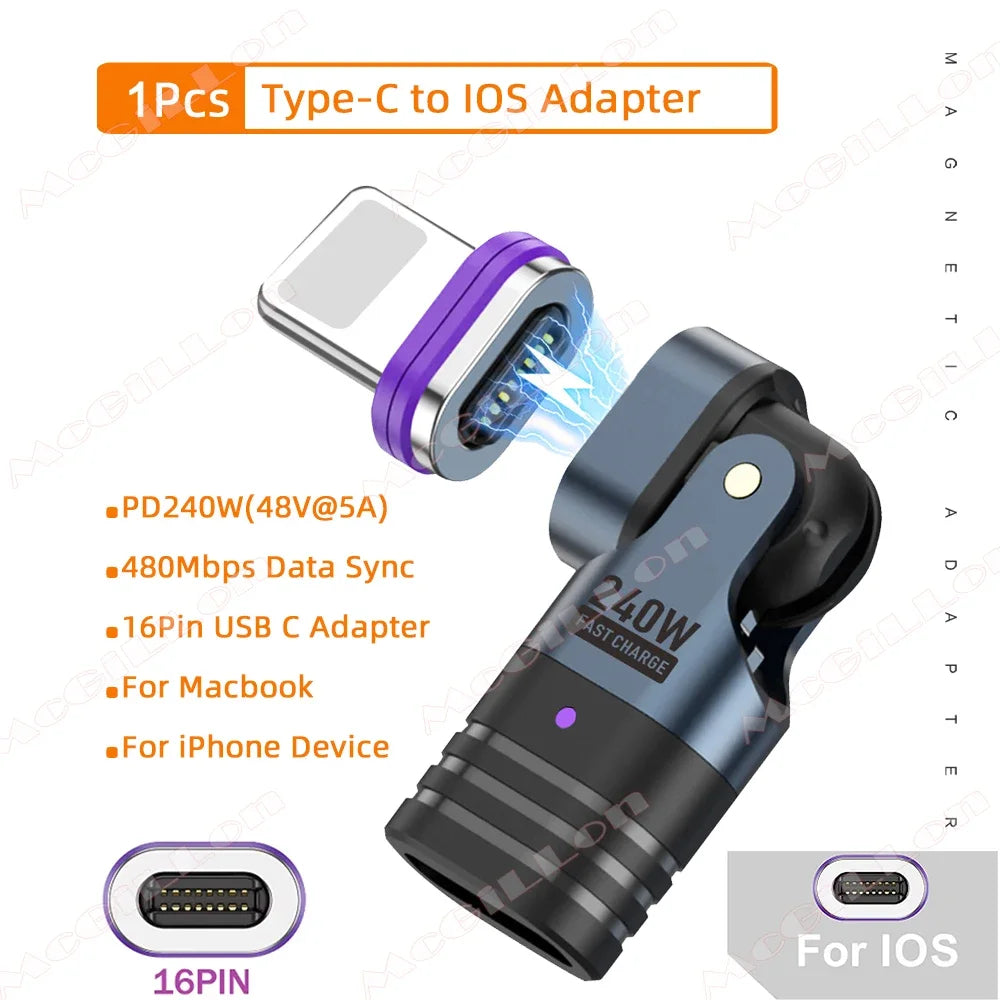 CowLost | 16pin-magnetic-otg-adapter-pd-240w-fast-charge-type-c-male-to-type-c-micro-ios-female-data-converter-for-iphone-macbook-laptop-1 |12