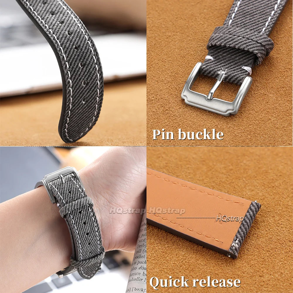 Quick Release Denim Pattern Watch Band 18mm-22mm Nylon Strap for Seiko Sport Wristwatch