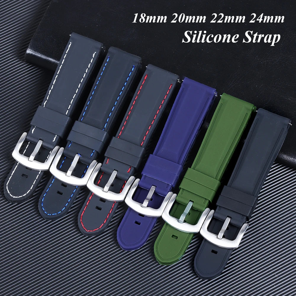 Silicone Waterproof Quick Release Watchband 18-24mm Black Green Rubber Strap for Seiko
