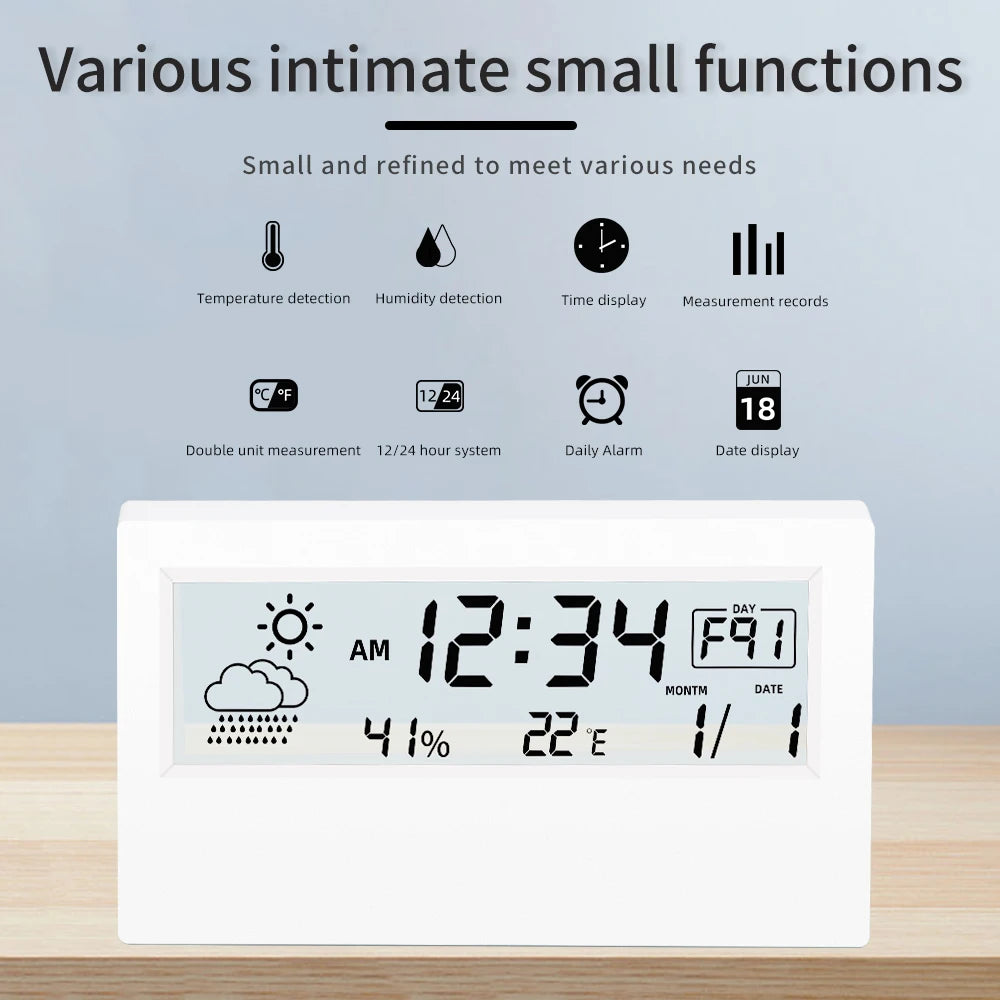 JUANJUAN LED Temperature Humidity Meter Thermo-Hygrometer Weather Station with Alarm Clock for Home