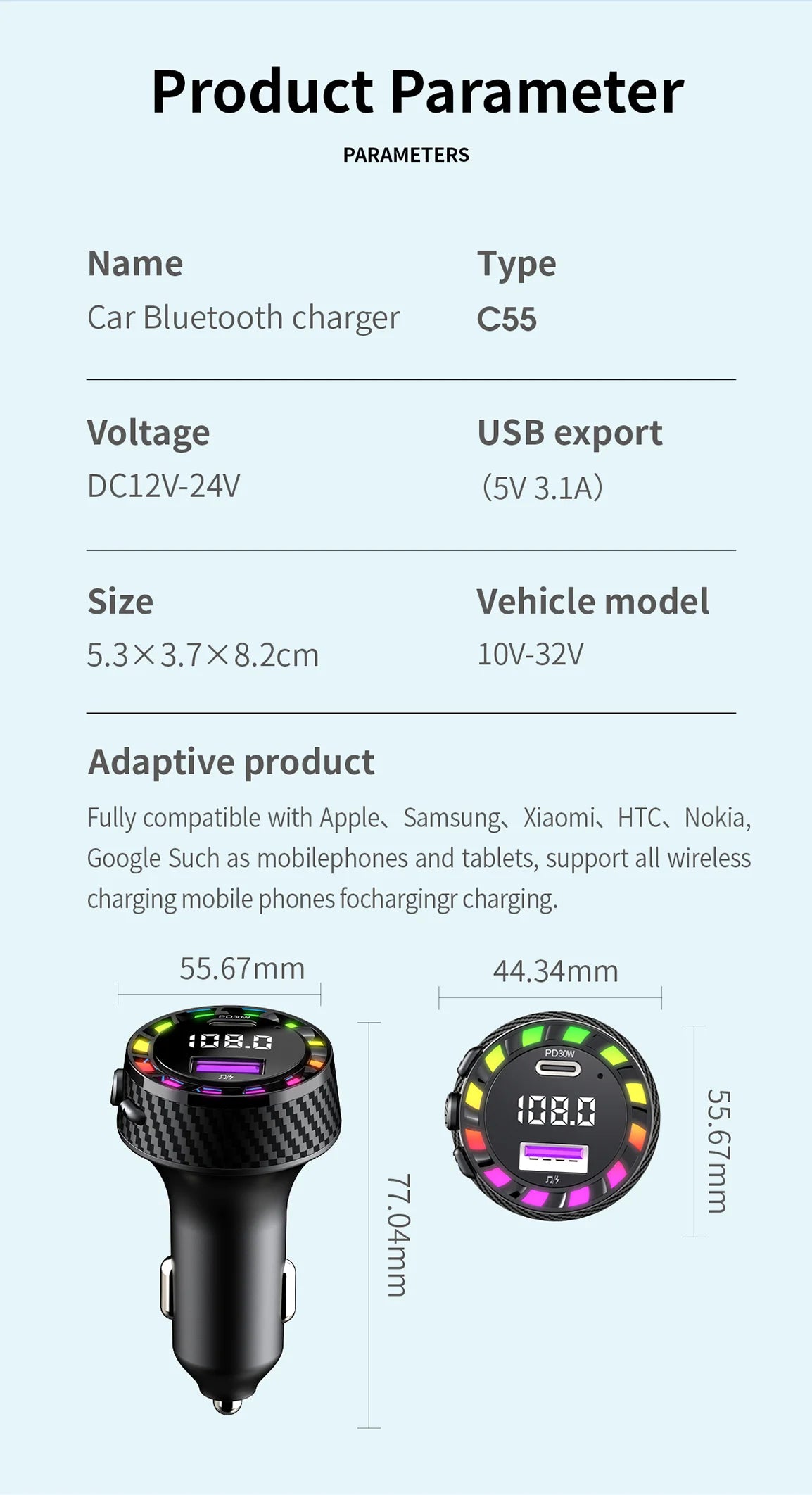 CowLost | usb-c-car-phone-charger-dual-pd-30w-2in1-with-voltage-display-bluetooth-5-3-super-fast-charge-adapter-for-iphone-samsung |20