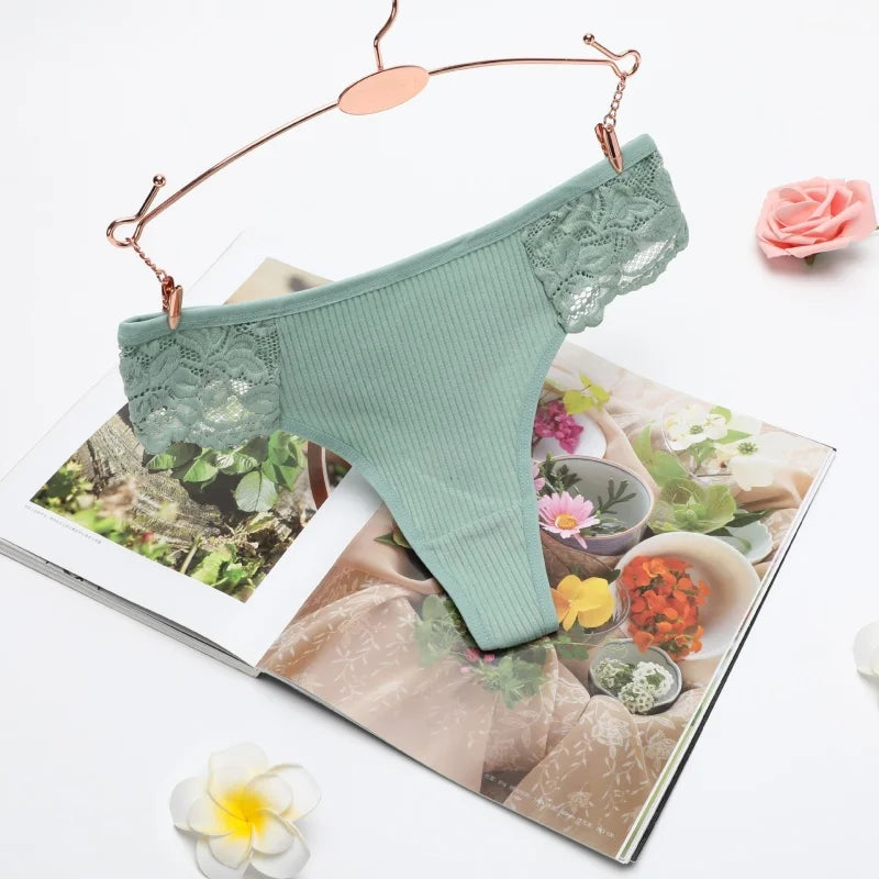 CowLost | product_id-4pcs-women-s-cotton-low-waist-lace-trim-solid-color-g-string-thongs-set |6