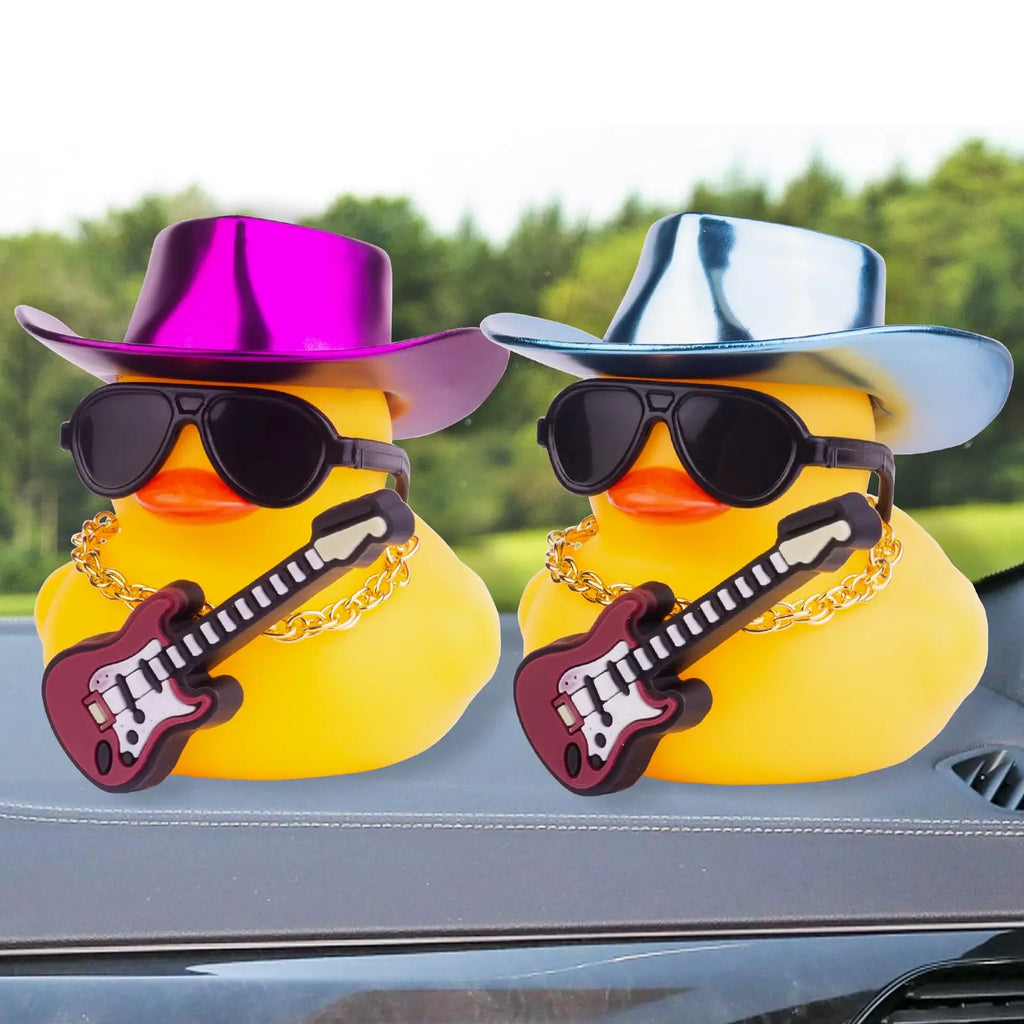 CowLost | product_id-yellow-rubber-duck-car-dashboard-decoration-with-cowboy-hat-necklace-sunglasses-and-mini-musical-instrument |6