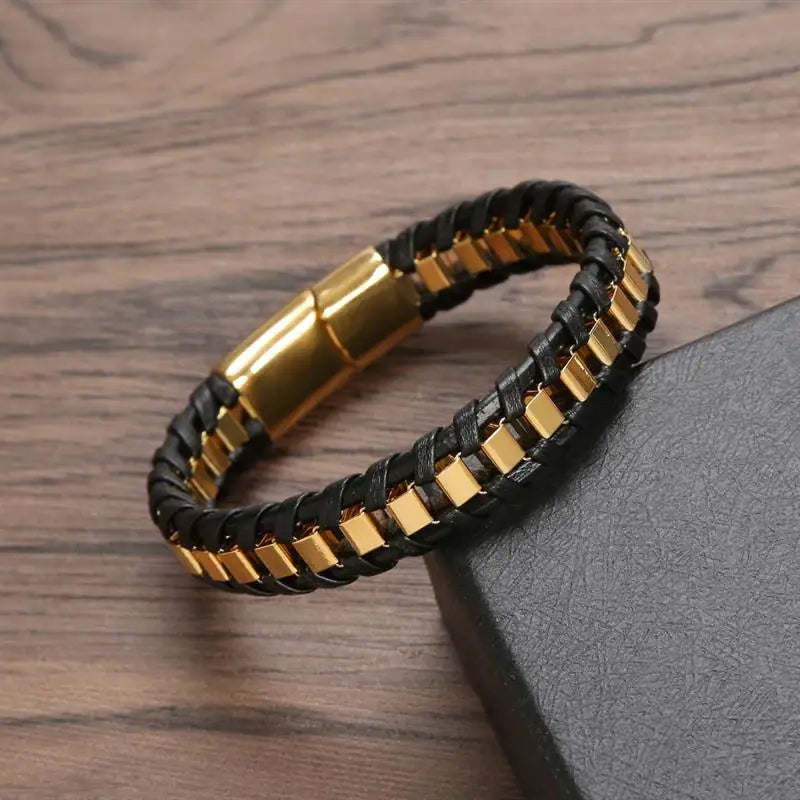 CowLost | badge-pass-holders-mens-classic-hand-woven-stainless-steel-leather-braided-bracelet |16