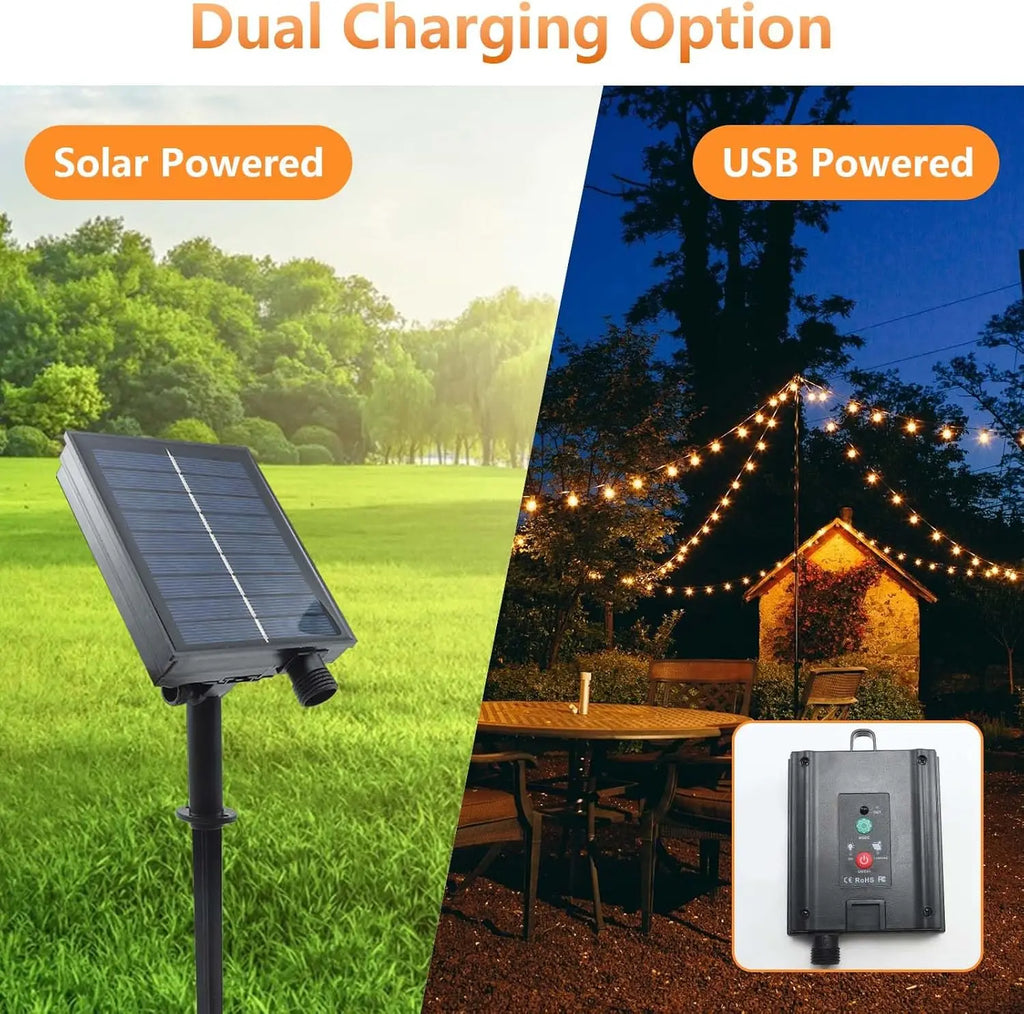 G40 Solar Globe String Lights Outdoor, 8 Modes, USB Charge, Remote, Waterproof for Balcony Wedding
