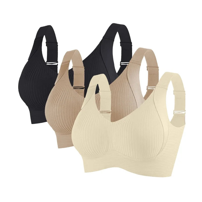 CowLost | product_id-3pcs-womens-plus-size-seamless-v-neck-push-up-wire-free-ribbed-bralette-m-4xl |12