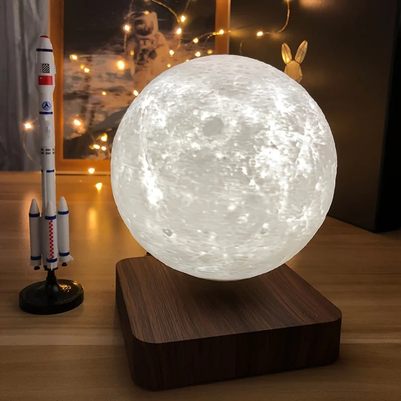 Levitating Moon Magnetic Floating 3D LED Night Light with Wooden Base, 3 Color Temperatures