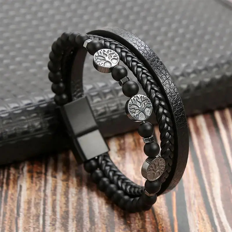CowLost | high-quality-leather-bracelet-men-classic-fashion-tiger-eye-beaded-multi-layer |12