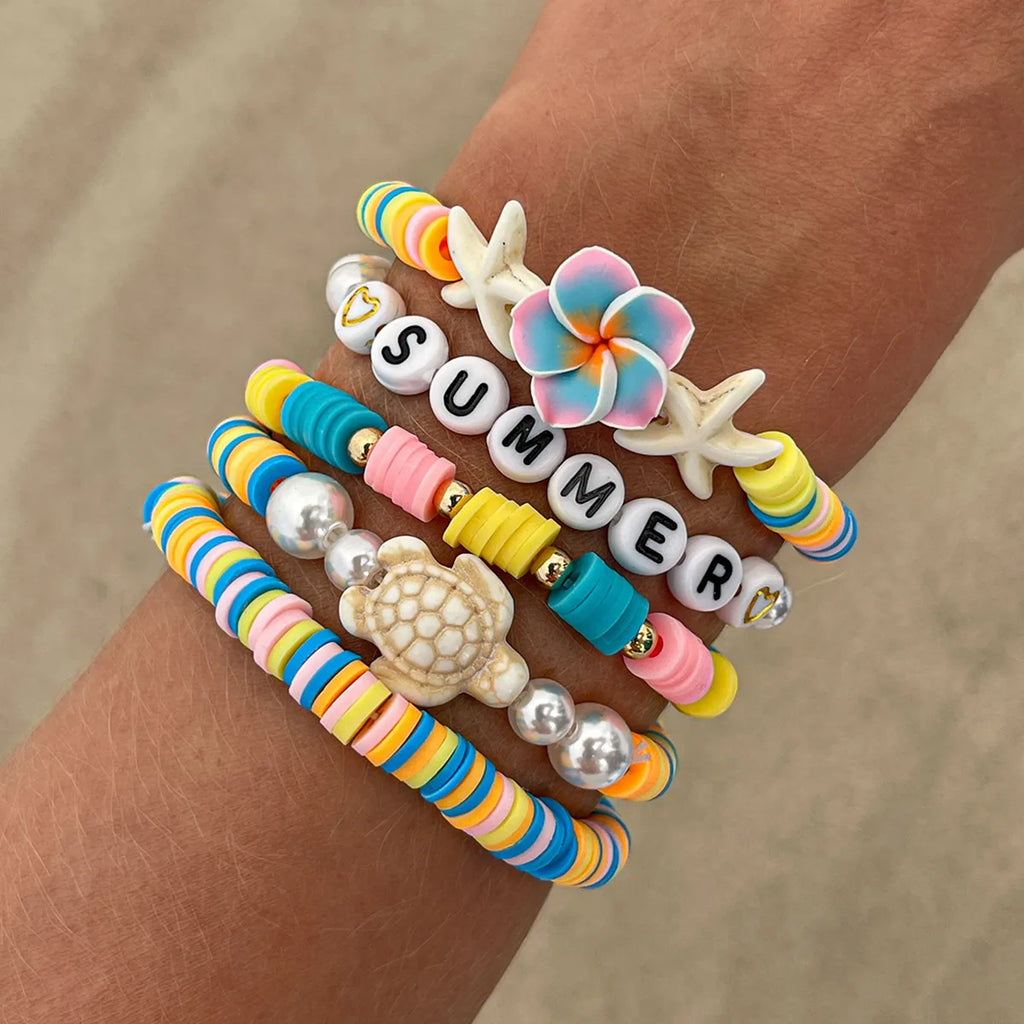 CowLost | summer-bohemian-flower-starfish-sea-turtle-pendant-bracelets-set-for-women-polymer-clay-colorful-beaded-bangle-beach-jewelry |1