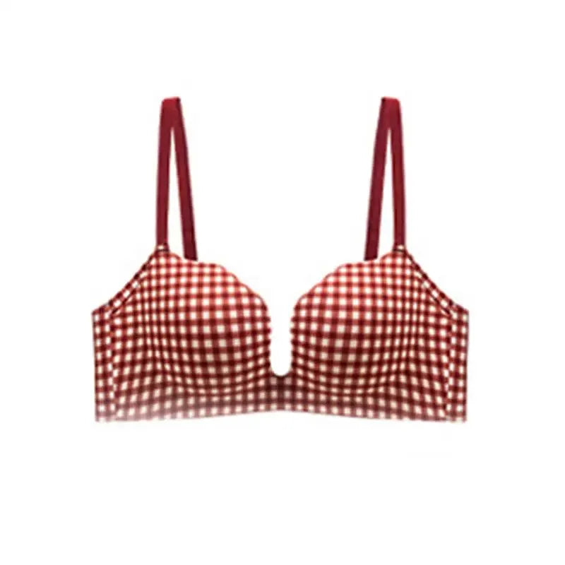 CowLost | product_id-retro-plaid-seamless-push-up-bra-with-adjustable-straps-for-small-breasts-red |8