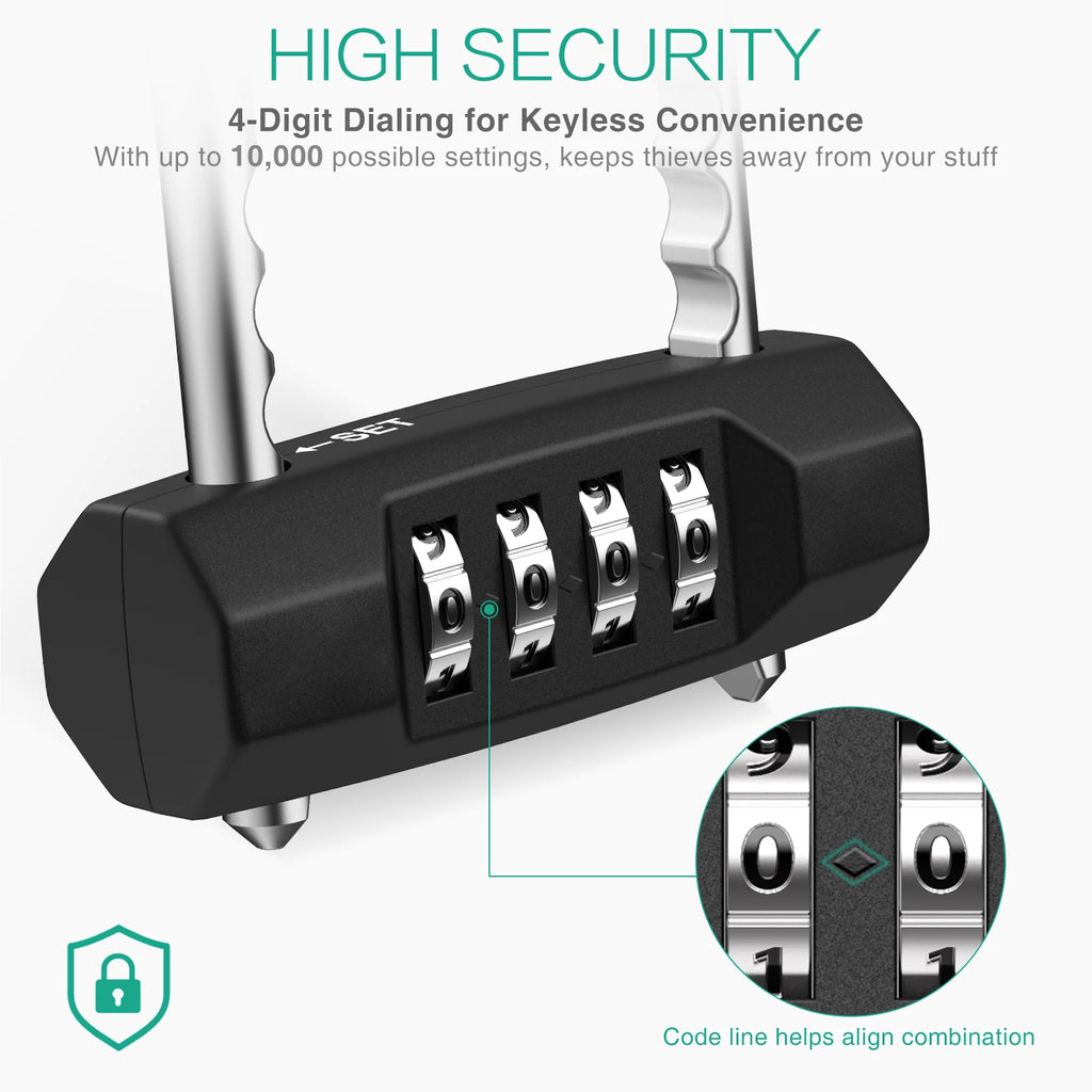 Combination 4-Digit Resettable Waterproof Padlock with Adjustable Shackle for Gym Luggage