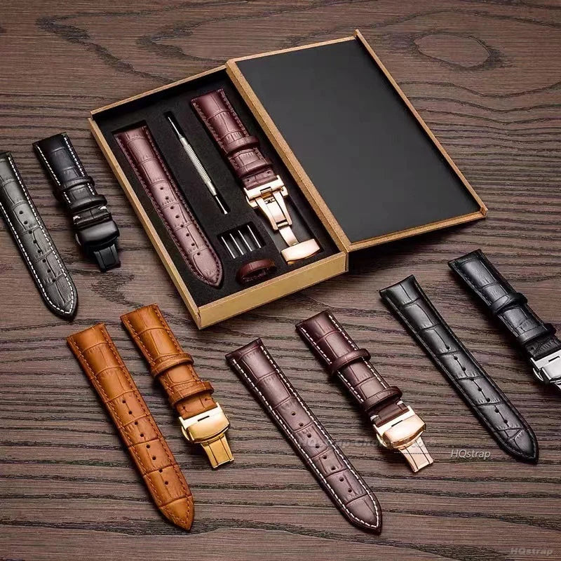 CowLost | bracelets-product_id-genuine-leather-watch-strap-18-24mm-with-butterfly-folding-clasp-and-watchband-box-replacement-wristband |7