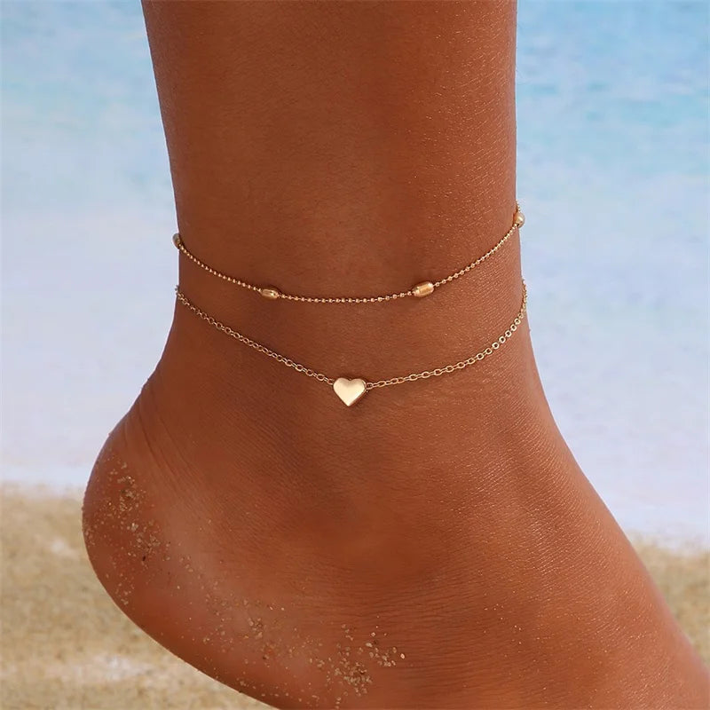 CowLost | simple-turkish-evil-eye-anklets-for-women-love-heart-double-layer-ankle-bracelets-bohemian-beach-party-barefoot-sandals-jewelry |4