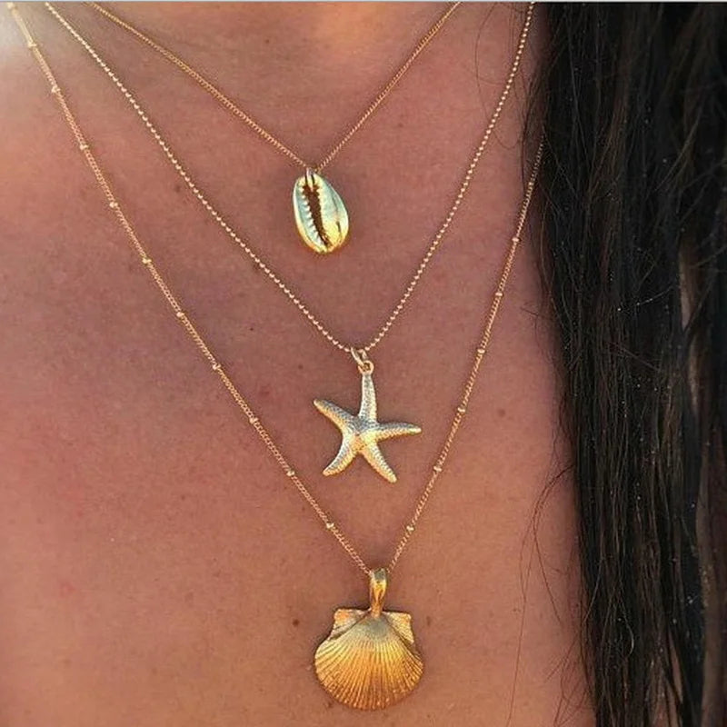 CowLost | 3pcs-bohemian-conch-starfish-pendant-necklace-for-women-conch-seashell-gold-color-metal-chain-choker-summer-beach-party-jewelry |6