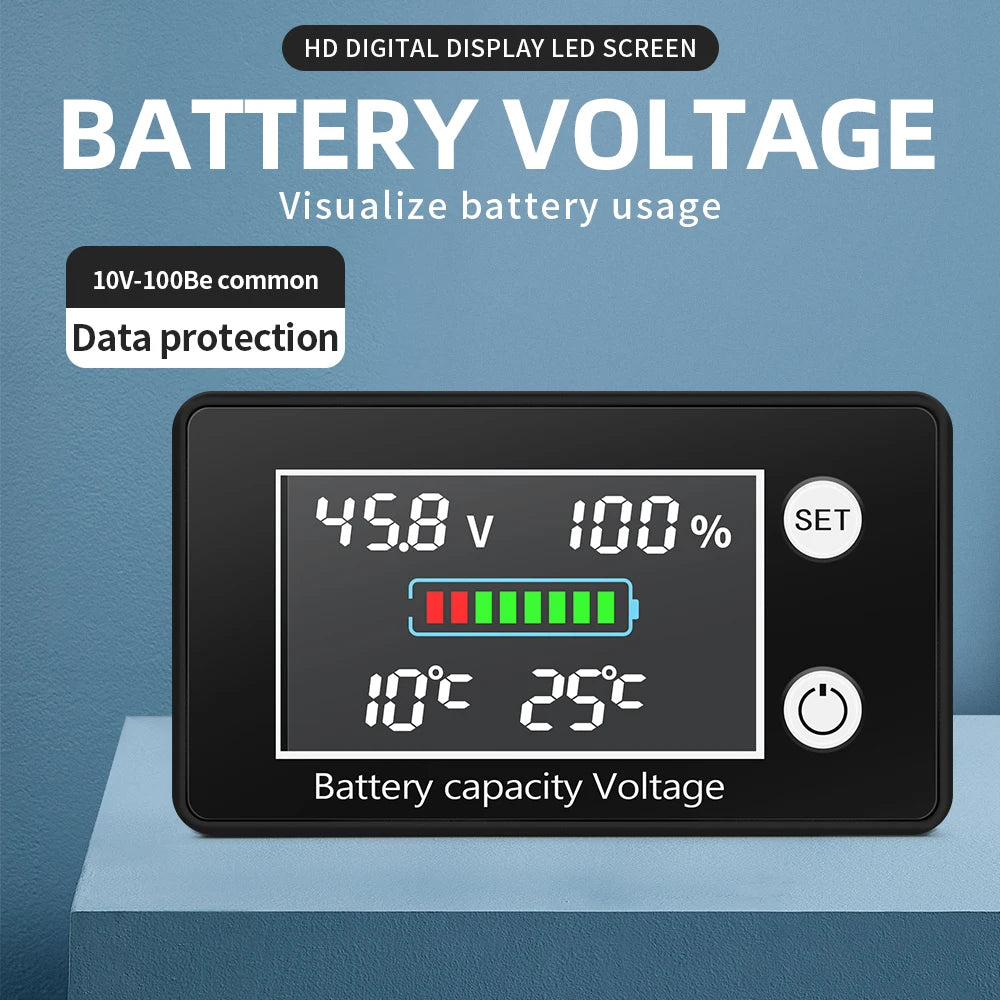 JUANJUAN DC 10V-100V Digital Battery Capacity Indicator LCD Voltage Tester with Temperature Control