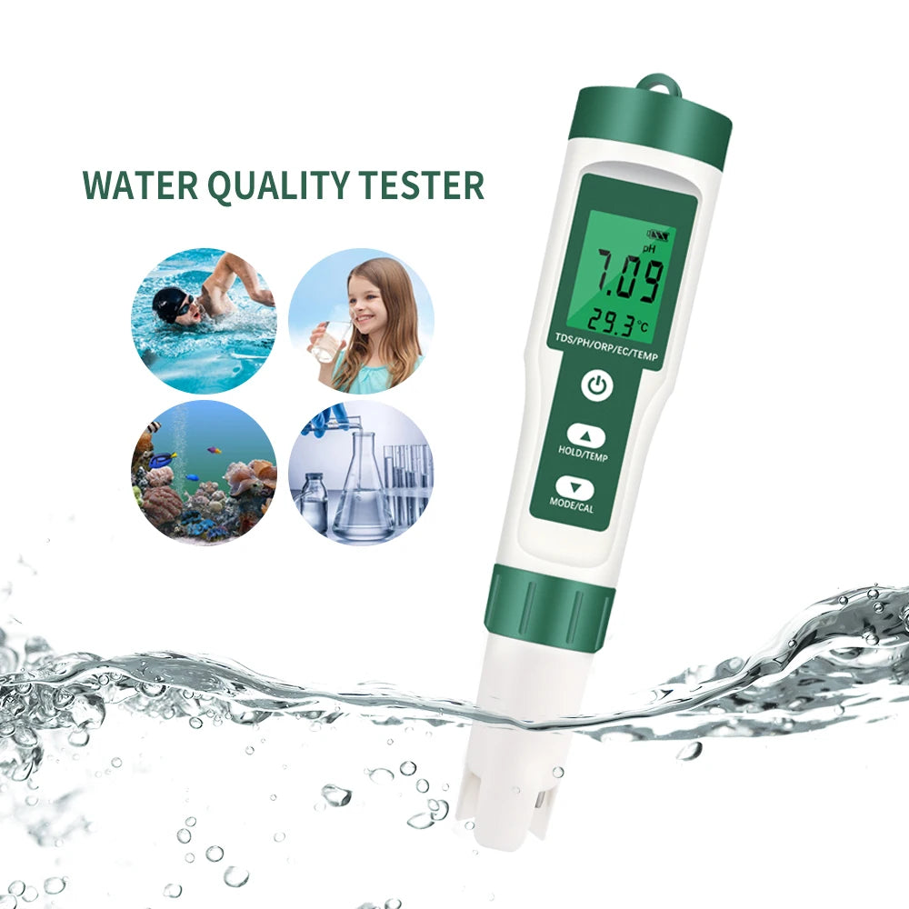 5-in-1 Digital pH TDS EC ORP Temperature Meter Portable Water Quality Tester