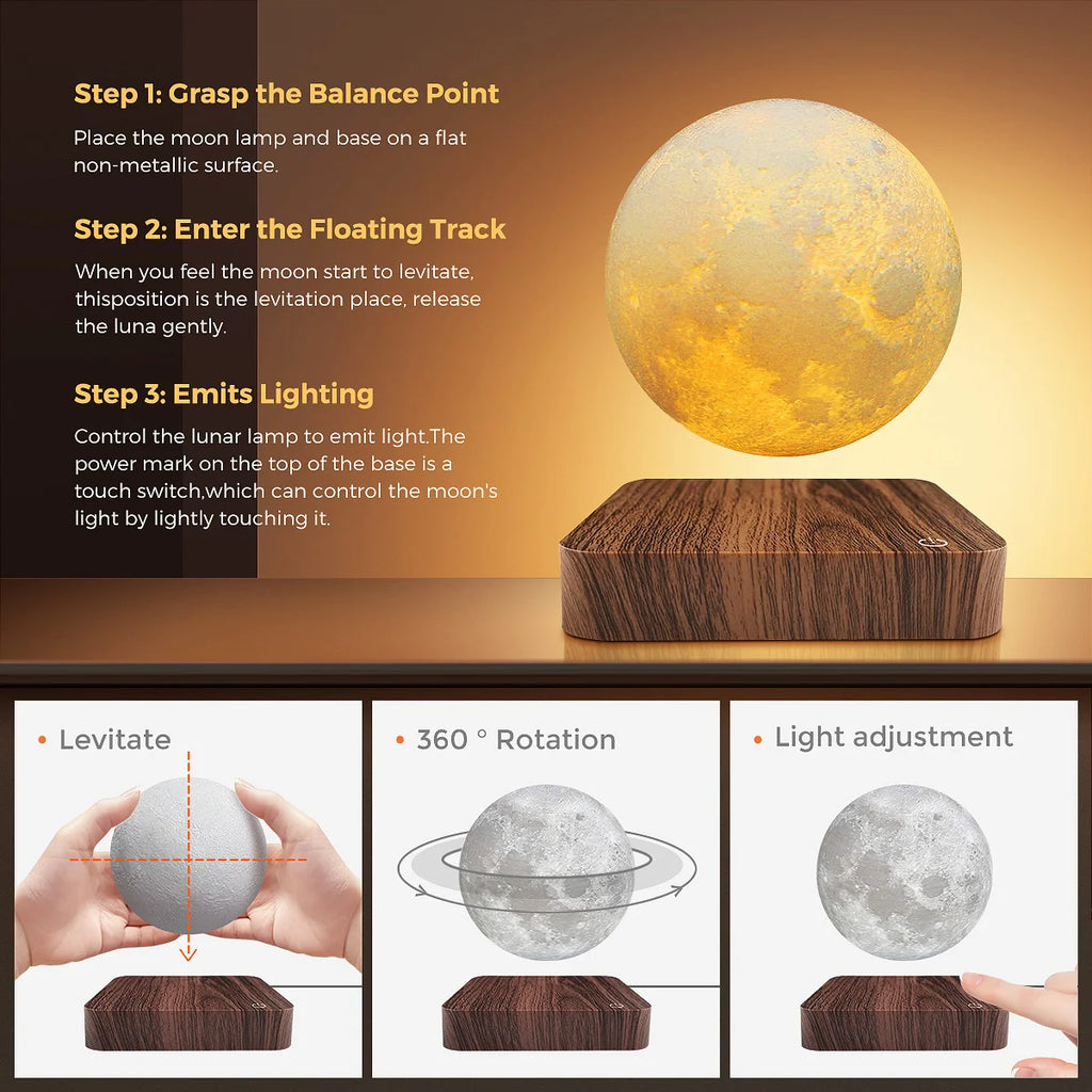 Levitating Moon Magnetic Floating 3D LED Night Light with Wooden Base, 3 Color Temperatures