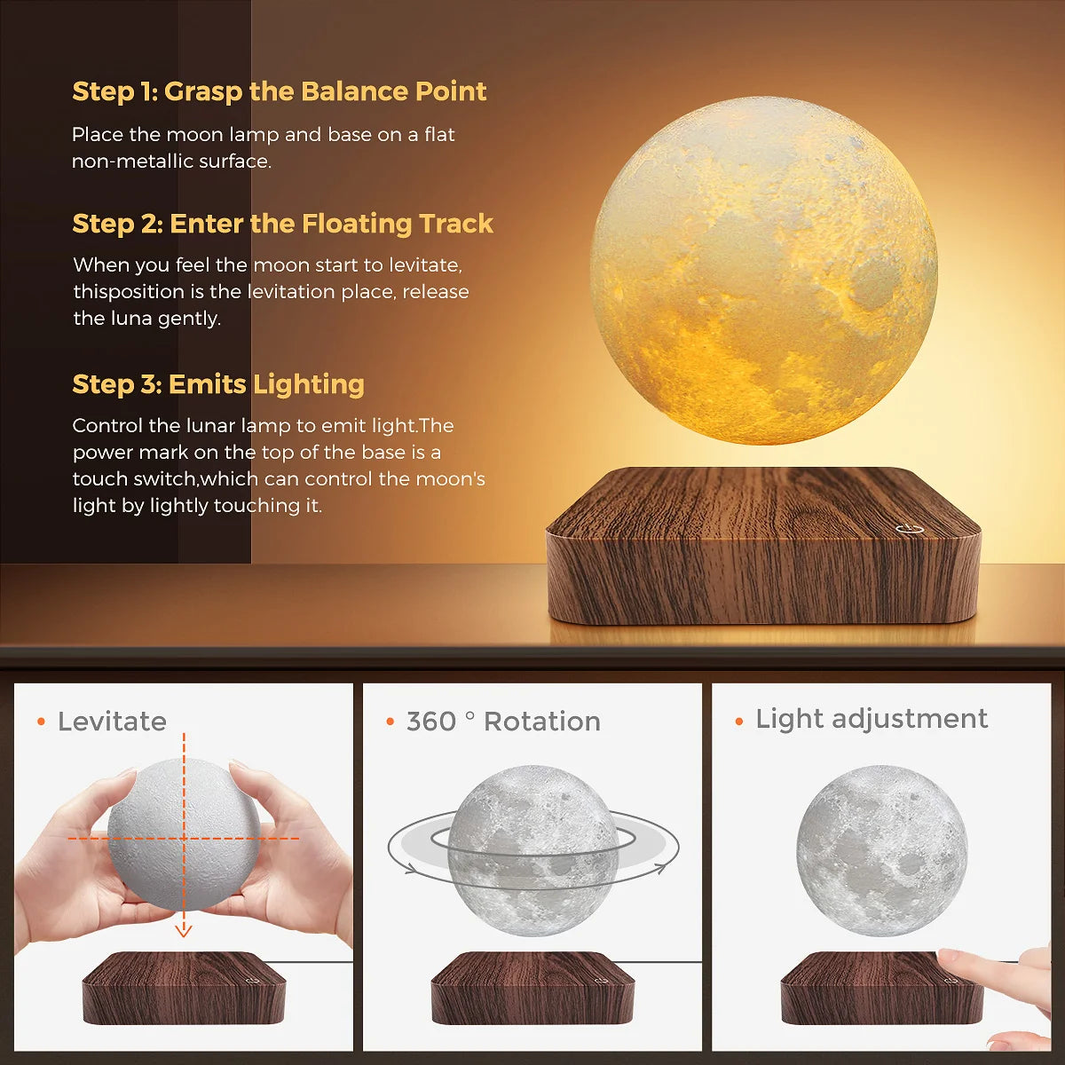 Levitating Moon Magnetic Floating 3D LED Night Light with Wooden Base, 3 Color Temperatures