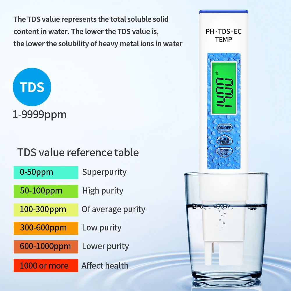 4-in-1 Digital PH Meter Water Quality Tester PH TDS EC TEMP Pen with High-Sensitivity Probe