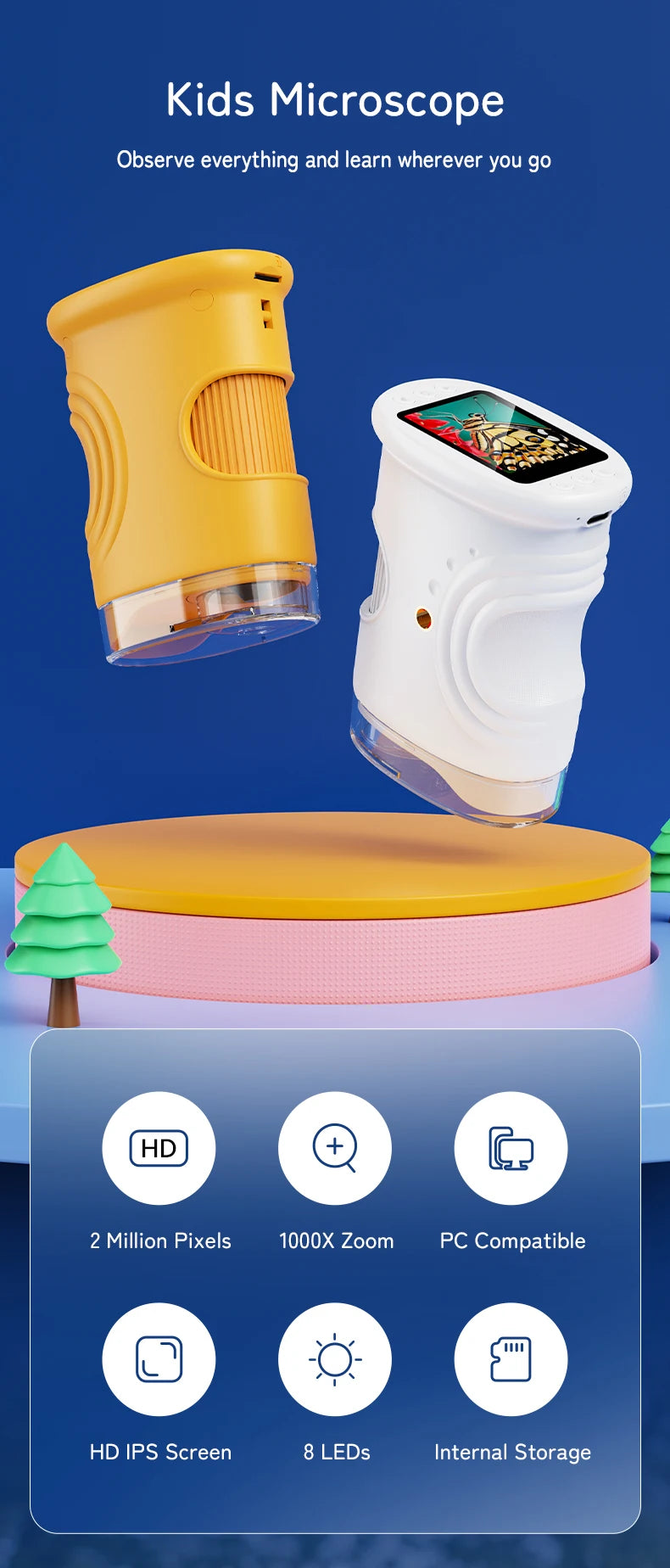 1000X Pocket Microscope for Kids with 4K 2.0" Screen