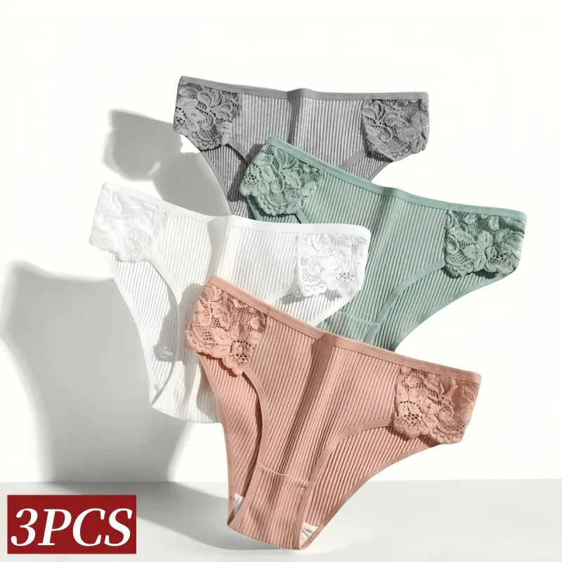 CowLost | product_id-3pcs-womens-cotton-lace-trim-low-rise-breathable-briefs-solid-panties |2