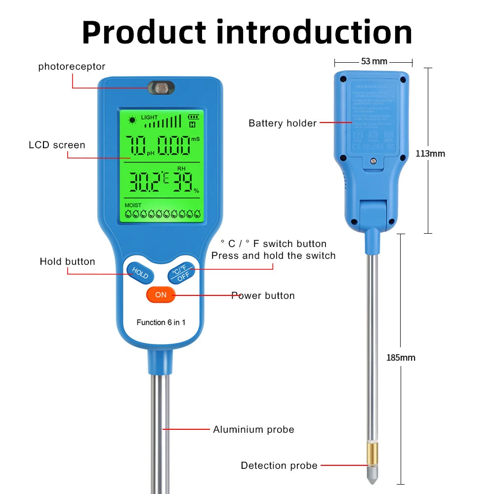 6-in-1 Soil Meter PH Moisture Temperature Light Humidity Fertility Tester LCD Rotate 90° for Garden Farm