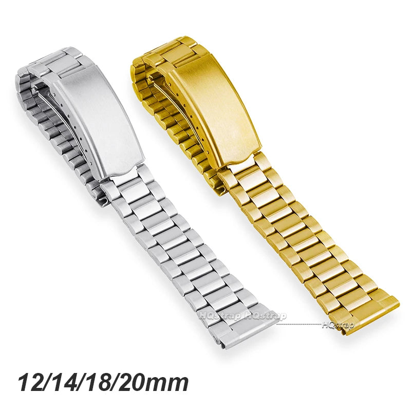 Universal Stainless Steel Watchband 12-20mm Women Metal Bracelet Folding Buckle Silver Gold