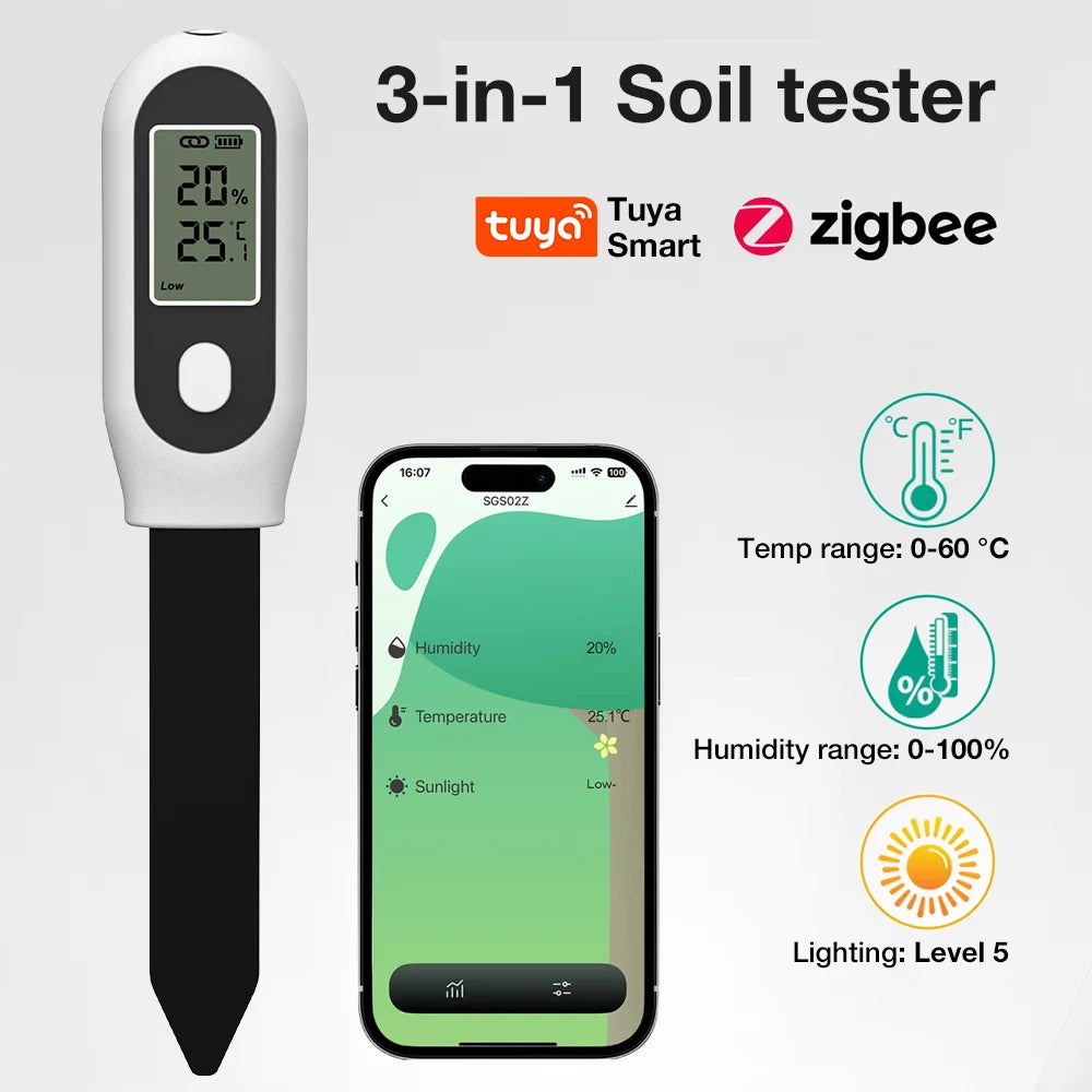 Tuya Zigbee 3-in-1 Soil Tester LCD Humidity Temperature Sunlight Meter Smart APP Monitor for Plants Garden