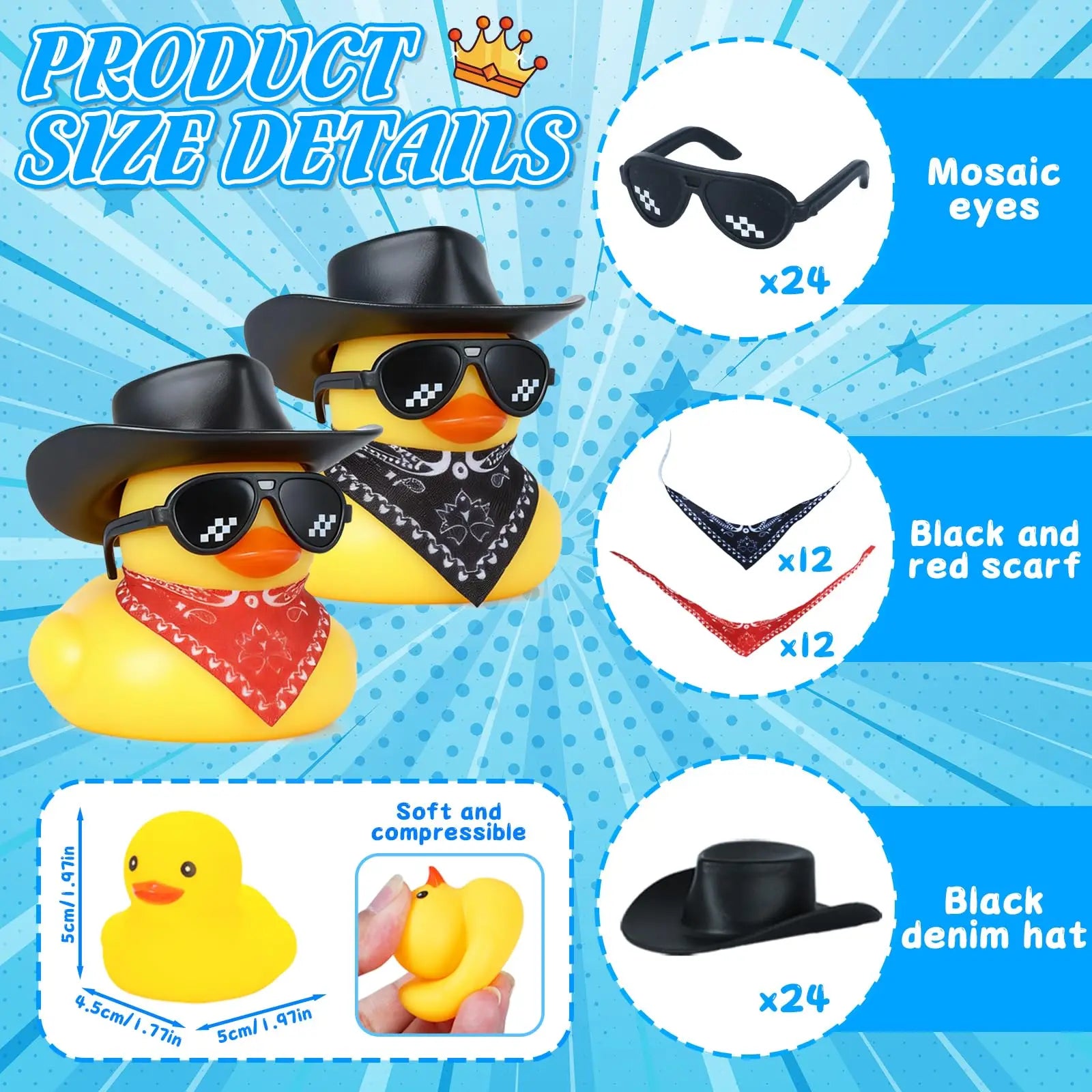 CowLost | product_id-cowboy-yellow-rubber-duck-car-accessory-set-with-hats-scarves-sunglasses-stickers-6-12-24-48-pack |8