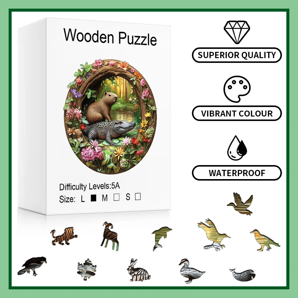 CowLost | premium-capybara-crocodile-wooden-jigsaw-puzzle-irregular-animal-shaped-pieces-5a-difficulty-waterproof-family-interactive |2