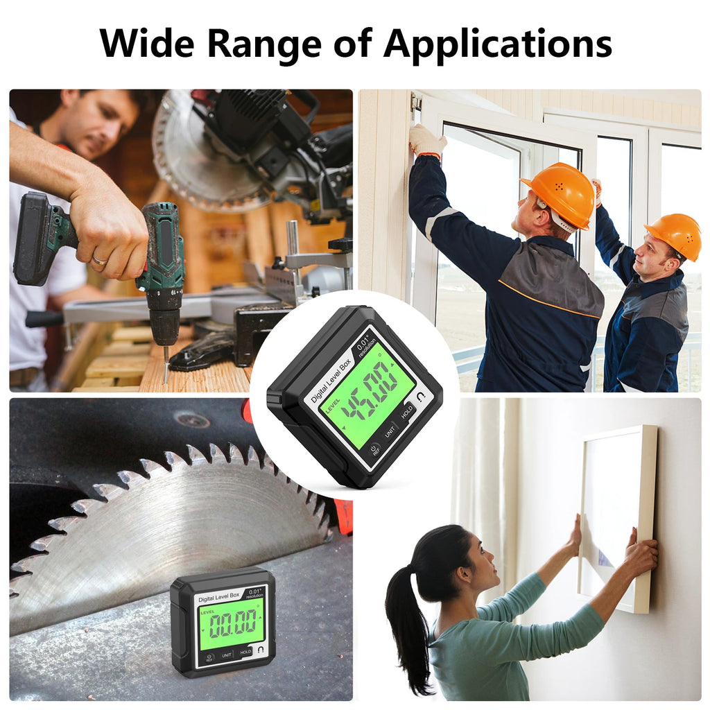 Digital Magnetic Inclinometer LCD Backlight Angle Finder 4x90° Protractor Level Box for Woodworking