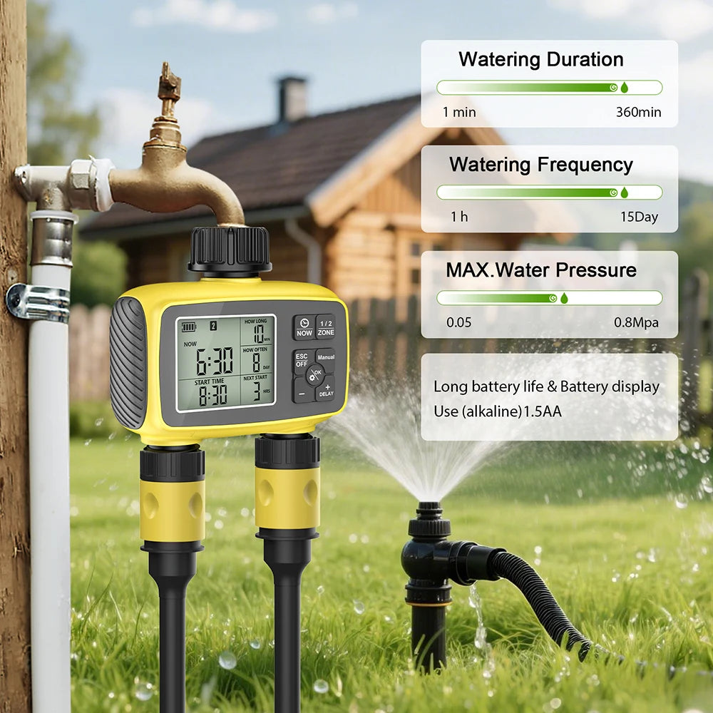 2-Channel Automatic Irrigation Controller Water Timer for Garden Greenhouse