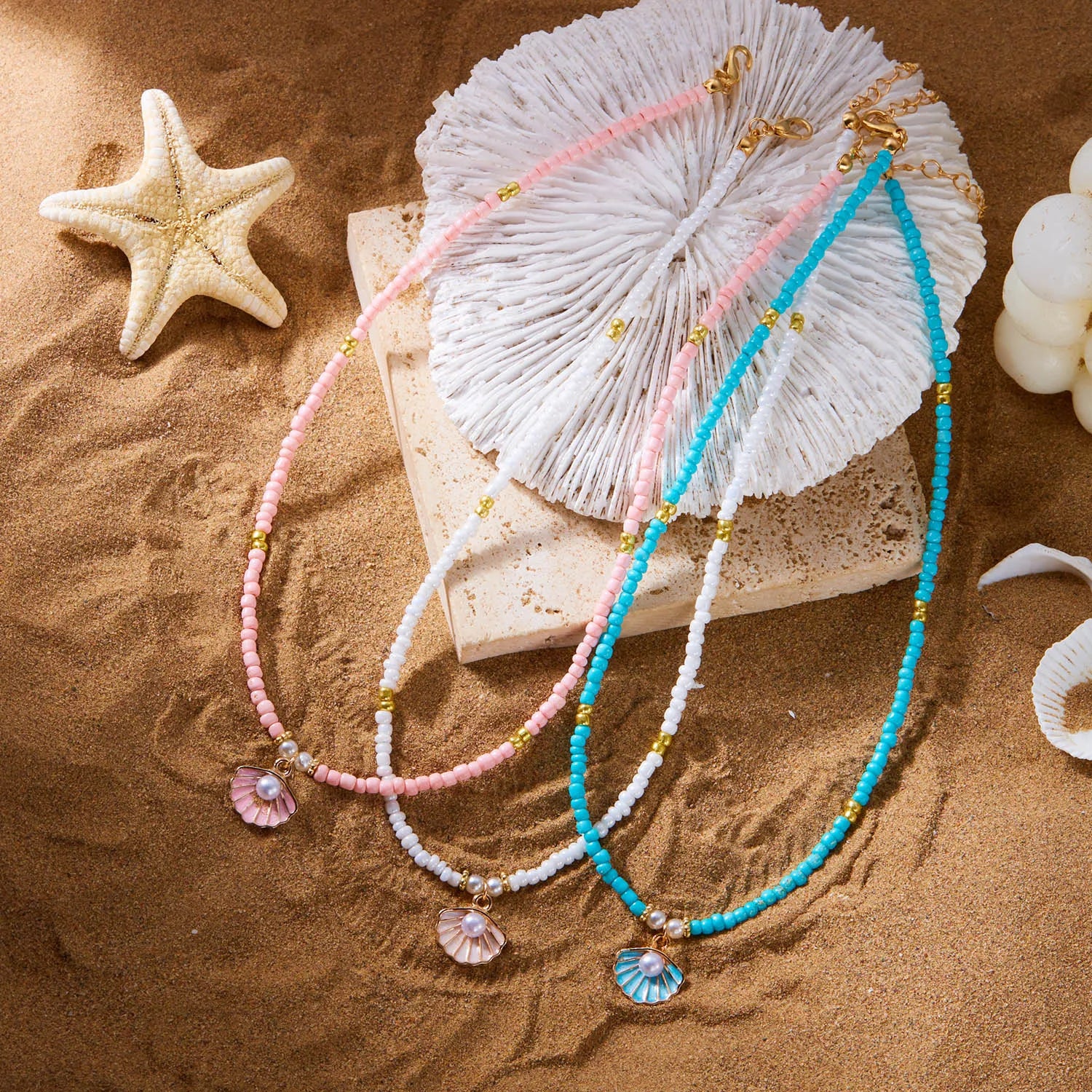CowLost | boho-bohemian-sea-shell-starfish-pendant-necklaces-for-women-double-layered-tortoise-imitation-pearl-bead-chain-beach-jewelry |4