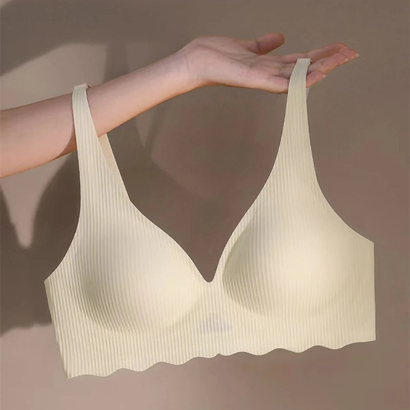 CowLost | product_id-seamless-womens-striped-thin-semi-fixed-cup-bra-for-small-chest-support |7