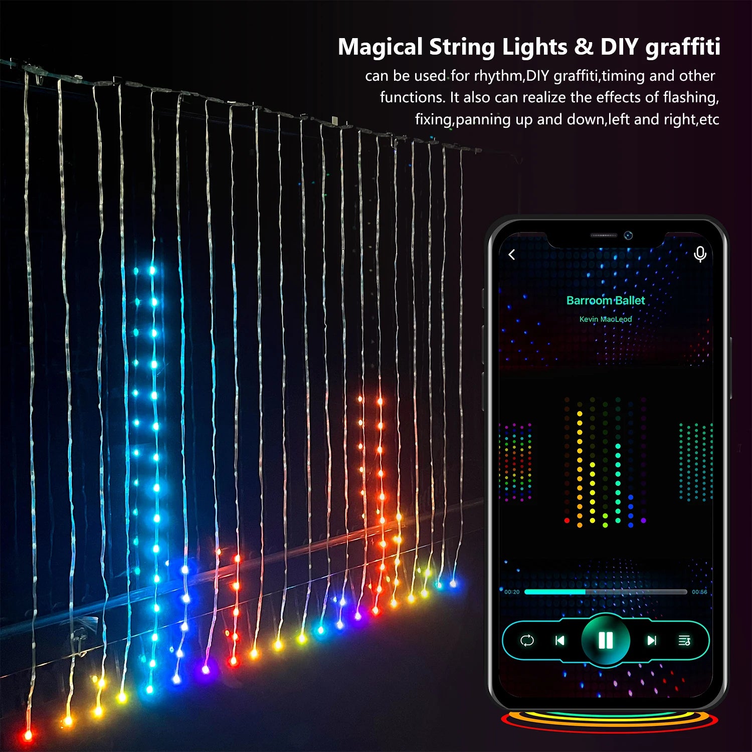 Programmable RGB Smart LED Window Curtain Lights with APP Remote and DIY Text Patterns