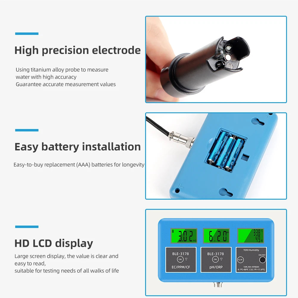 7-in-1 Digital Bluetooth Water Quality Tester PH/EC/TDS/ORP/CF/Humidity/Temp Meter with APP Control EU