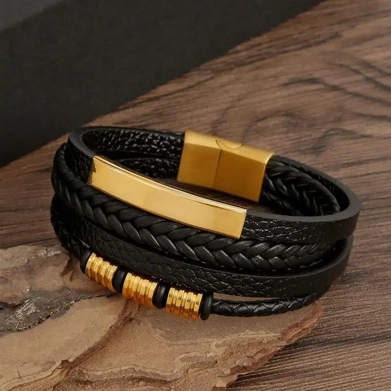 CowLost | punk-men-leather-bracelet-with-stainless-steel-magnetic-clasp-braided-mutilayer |3