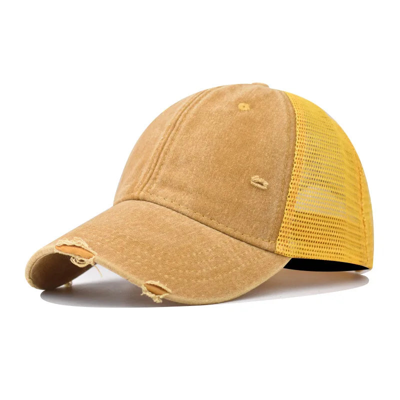 CowLost | washed-cotton-mesh-breathable-baseball-cap-made-old-ripped-light-board-cap |12