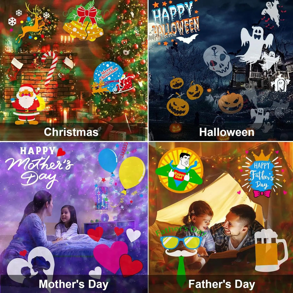 2-in-1 Halloween & Christmas Outdoor Projector Light with 12 HD Slides, Water Wave, Timer & Remote