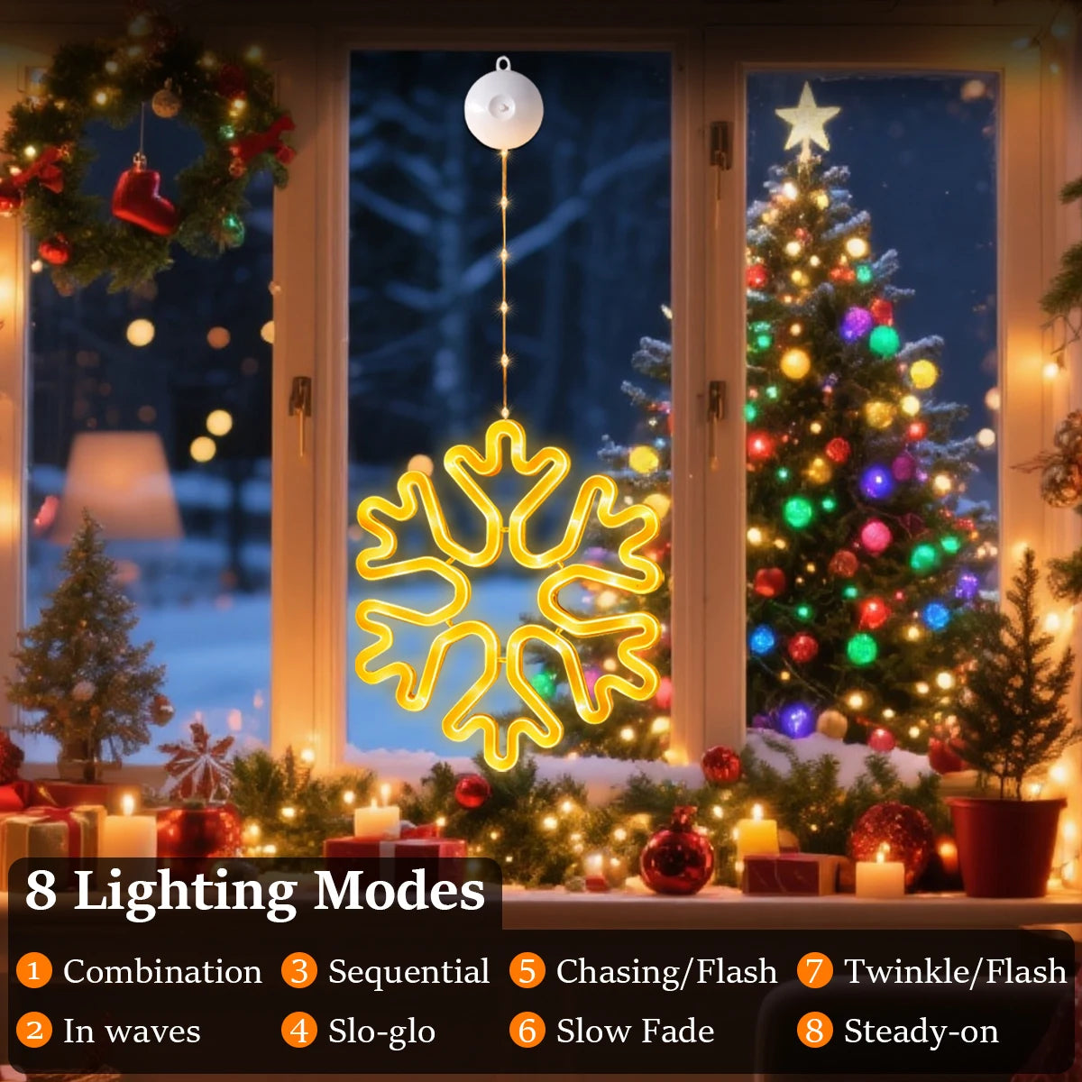 Warm Multi-Color Christmas Snowflake LED Window Lights, 8/12 Modes, Battery Powered Neon Hanging Lamp