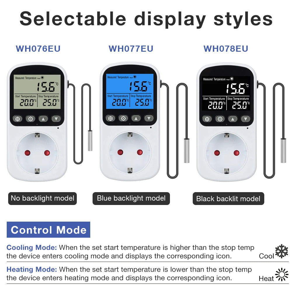 Full View LCD Thermostat Socket 16A 230V Temperature Controller EU Plug Heating Cooling Regulator with Sensor