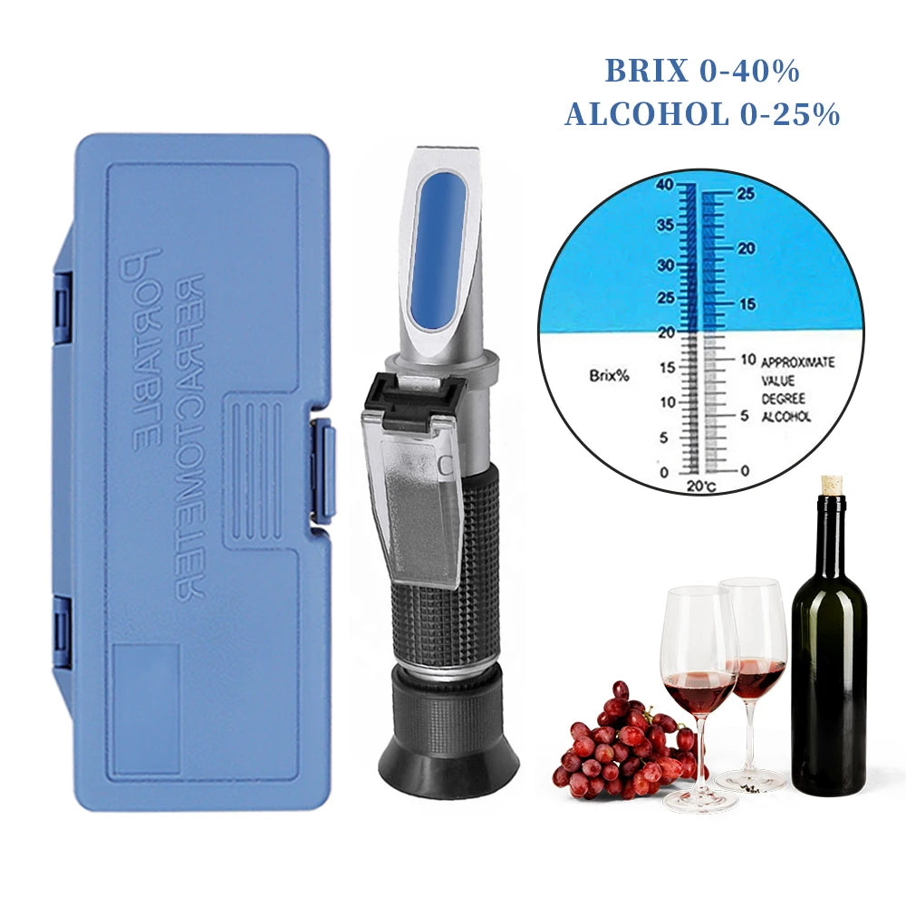 Handheld Alcohol & Sugar Refractometer Tester 0-25% Alcohol 0-40% Brix Wine Beer Meter