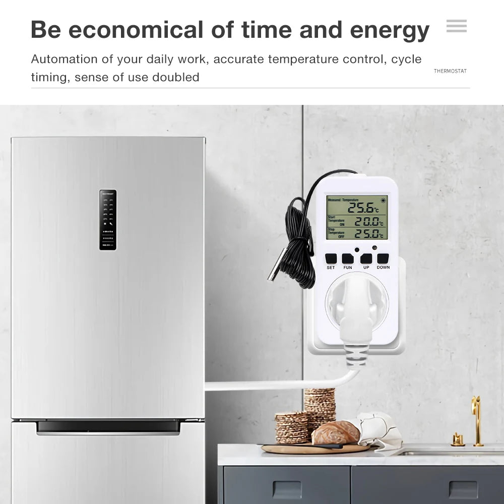 LCD Thermostat Timer Socket 16A EU Plug Temperature Controller with Alarm and Circulation Switch for Heating Cooling
